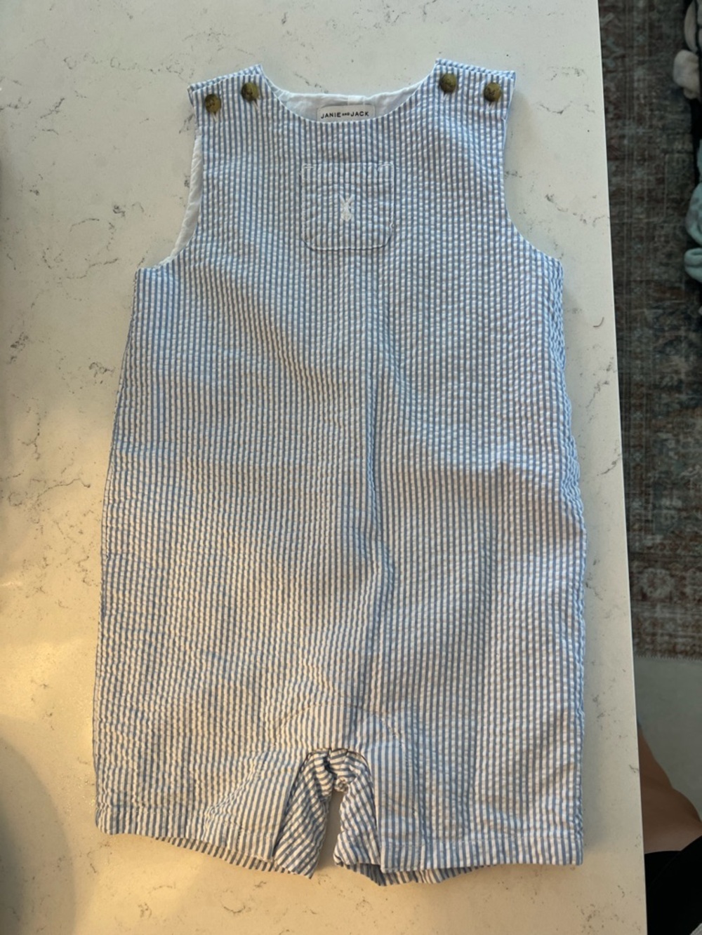 Janie and Jack Boys Blue and White Striped Seersucker Bunny Easter Romper 18-24